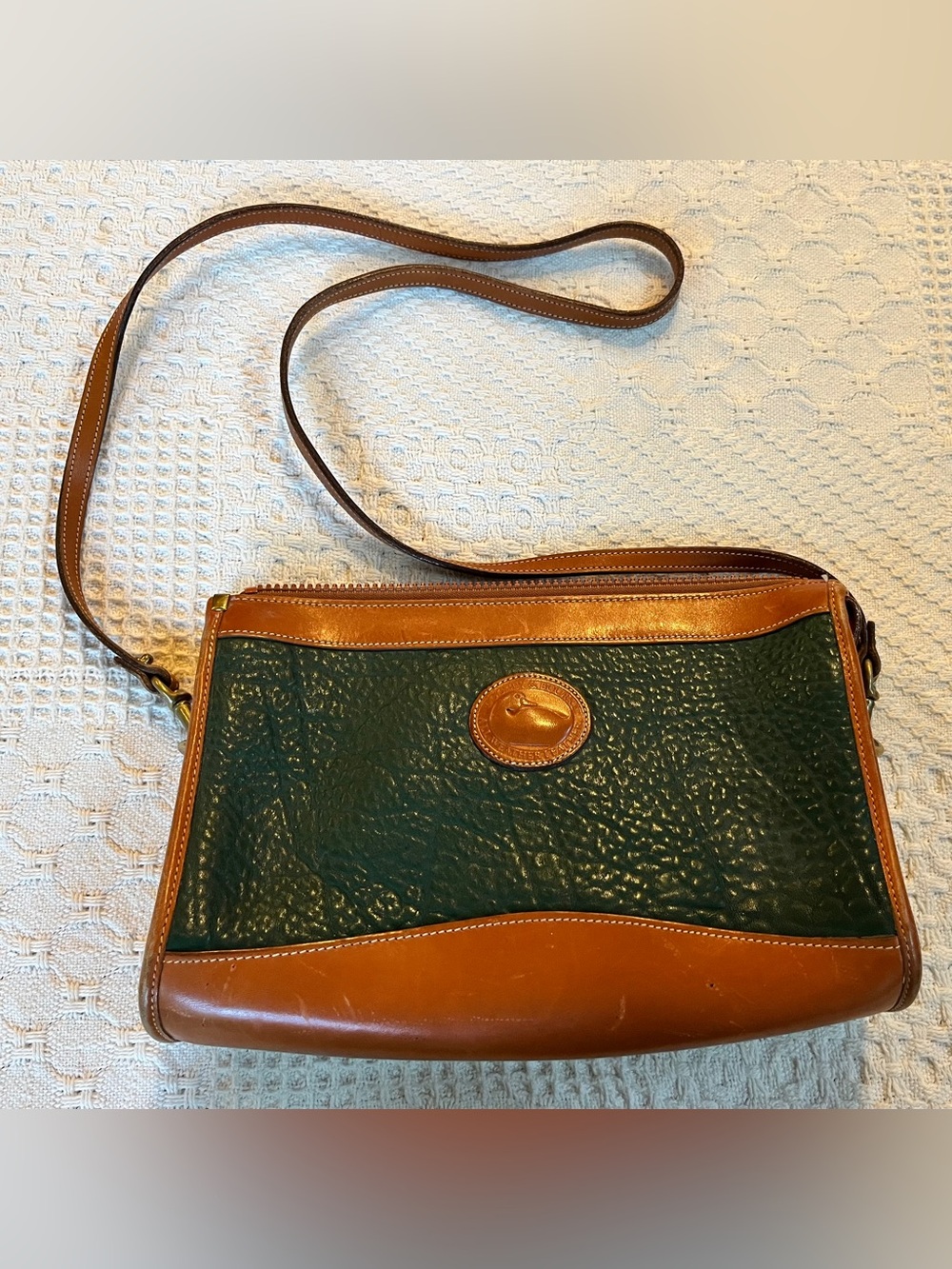 Vintage Dooney & Bourke Leather Crossbody Bag in Forest Green and British Tan